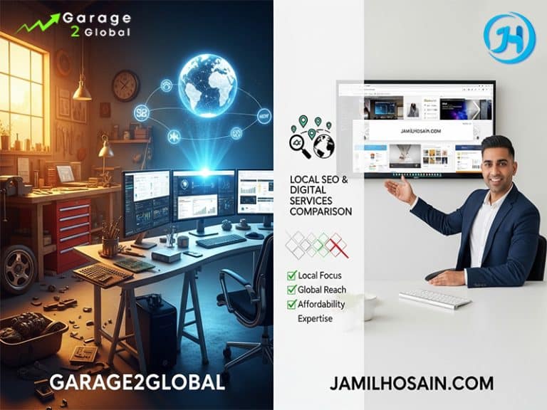 Comparison of local SEO and digital marketing services by Garage2Global and JamilHosain.com to help businesses choose the best partner in 2025.