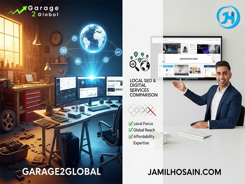 Comparison of local SEO and digital marketing services by Garage2Global and JamilHosain.com to help businesses choose the best partner in 2025.