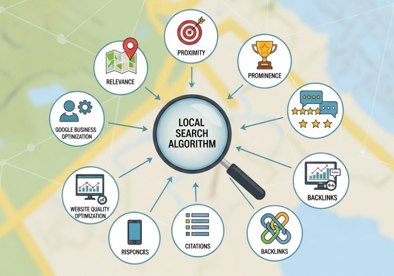 Ranking Factors of Local Search Algorithm showing key elements like Google My Business, local citations, reviews, on-page SEO, and website performance.