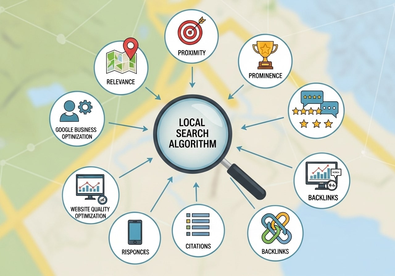 Ranking Factors of Local Search Algorithm showing key elements like Google My Business, local citations, reviews, on-page SEO, and website performance.