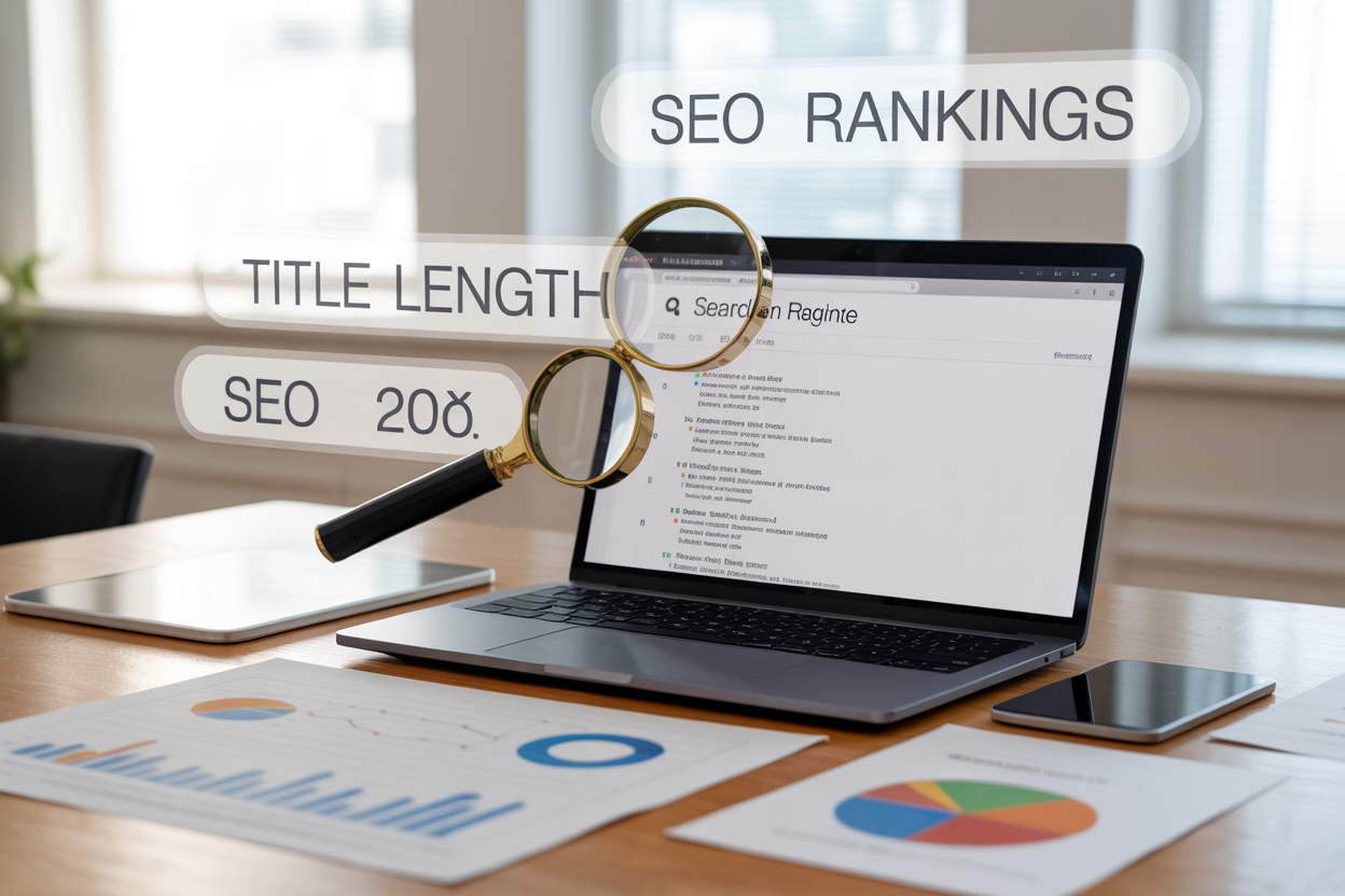 Create a realistic image of a clean modern office desk with a laptop displaying a search engine results page, surrounded by SEO analytics charts and graphs on paper, a magnifying glass highlighting a search result title, and floating text elements showing "Title Length" and "SEO Rankings" above the scene, with soft natural lighting from a window creating a professional digital marketing workspace atmosphere.