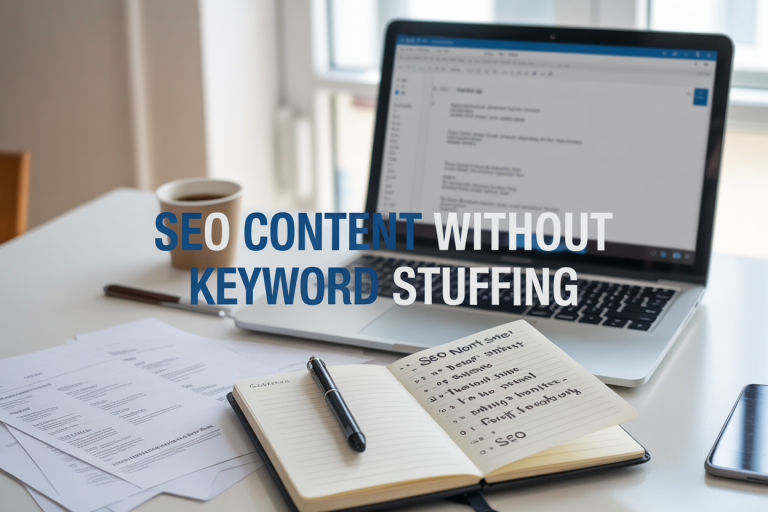 Create a realistic image of a clean, modern workspace with a laptop displaying a word document with visible text content, a notebook with handwritten SEO notes and keyword lists, a coffee cup, and scattered papers with content outlines, set against a bright white desk with natural lighting from a nearby window, featuring the text "SEO Content Without Keyword Stuffing" overlaid in professional blue typography, conveying a productive and organized writing environment.