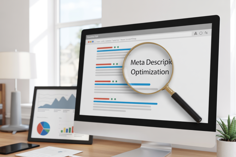 Create a realistic image of a modern computer screen displaying a search engine results page with highlighted meta descriptions, featuring a magnifying glass hovering over one of the search results, with SEO analytics charts and graphs visible on the side of the screen, set against a clean white desk background with soft natural lighting, and include the text "Meta Description Optimization" prominently displayed on the screen.