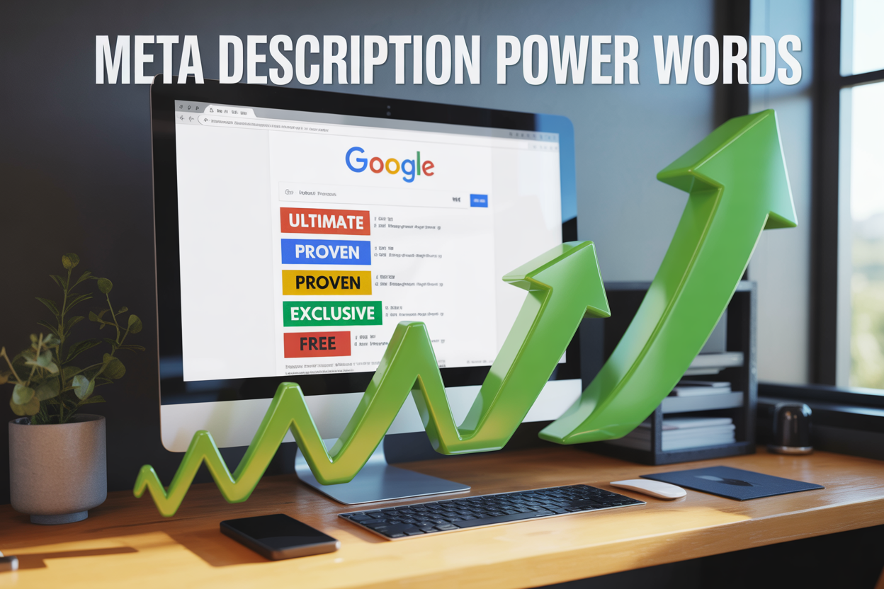 Create a realistic image of a modern computer screen displaying a Google search results page with highlighted meta descriptions containing colorful text overlays showing power words like "Ultimate," "Proven," "Exclusive," and "Free," with a sleek wooden desk surface, soft natural lighting from the side, and floating upward arrow graphics in green indicating increased click-through rates, include the text "Meta Description Power Words" prominently displayed at the top of the image.