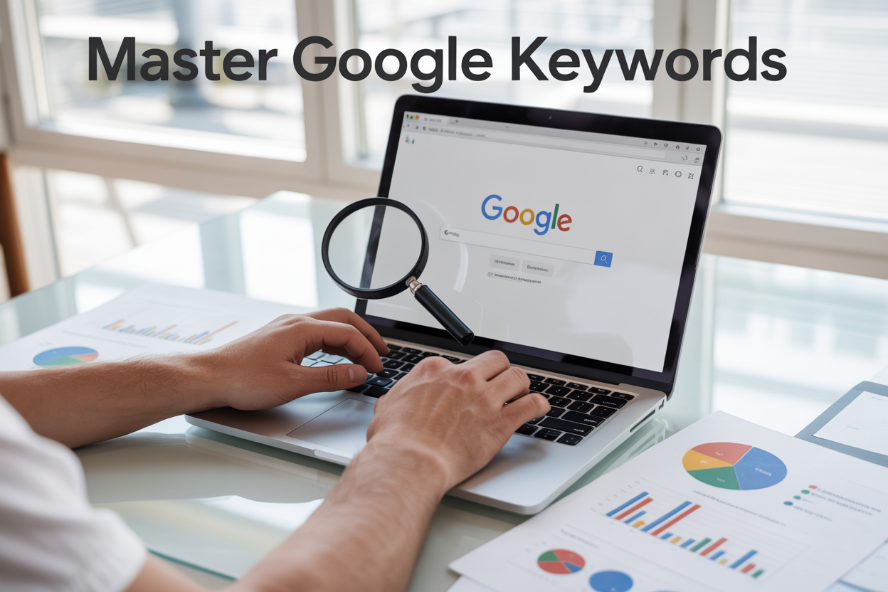 Create a realistic image of a modern laptop computer on a clean white desk displaying Google's search interface with a magnifying glass icon prominently placed next to the keyboard, colorful keyword research charts and analytics graphs visible on additional papers scattered around the workspace, a white male professional's hands typing on the keyboard, bright natural lighting from a window, and the text "Master Google Keywords" overlaid in bold modern font at the top of the image.