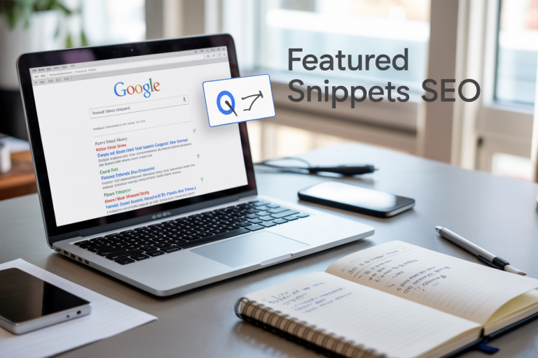 Create a realistic image of a modern laptop computer displaying Google search results with a highlighted featured snippet box at the top, positioned on a clean white desk with a notebook showing handwritten SEO notes and a pen beside it, soft natural lighting from a window, professional workspace atmosphere, with the text "Featured Snippets SEO" prominently displayed on the laptop screen.