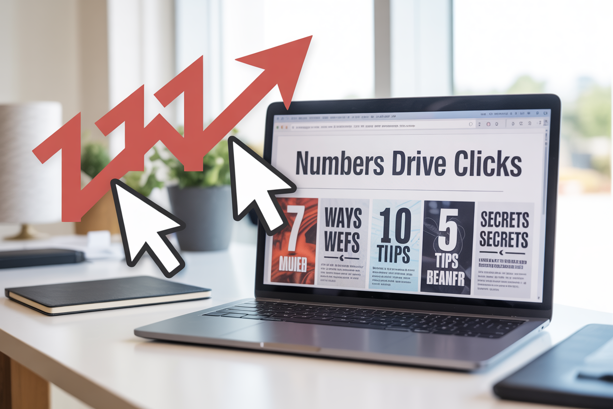 Create a realistic image of a modern laptop screen displaying a webpage with multiple headline examples featuring prominent numbers like "7 Ways", "10 Tips", and "5 Secrets" in bold typography, with clicking cursor icons and upward trending arrow graphics overlaying the screen, set against a clean white desk background with soft natural lighting, and include the text "Numbers Drive Clicks" prominently displayed on the screen.