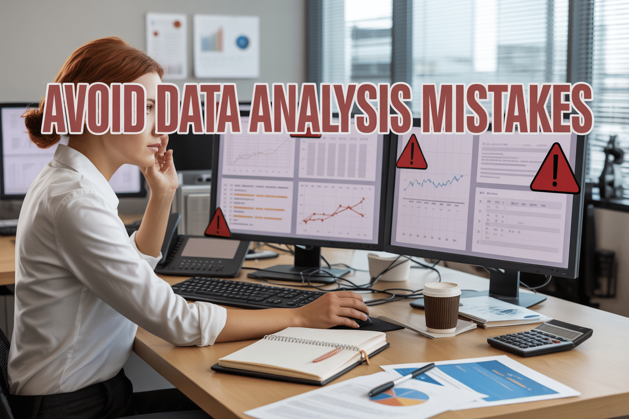 Create a realistic image of a modern office workspace showing a white female data analyst at a computer with multiple monitors displaying charts, graphs, and data visualizations, with warning symbols and red error indicators overlaying some of the data on screens, scattered documents and notebooks on the desk, a coffee cup, calculator, and pen, bright office lighting from windows in the background, professional corporate environment, with the text "AVOID DATA ANALYSIS MISTAKES" prominently displayed across the top of the image in bold red letters, conveying a sense of problem-solving and analytical work with attention to common pitfalls.