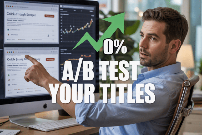 Create a realistic image of a split-screen comparison showing two different website search result snippets side by side, with one having a higher click-through rate visualization (green upward arrow and percentage), a white male digital marketer in business casual attire pointing at analytics charts on a computer screen in the background, modern office setting with soft natural lighting, and bold text overlay reading "A/B Test Your Titles" prominently displayed across the center of the image.