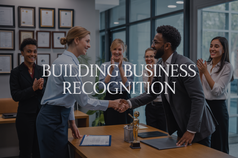 Create a realistic image of Building Small Business Recognition Through Awards, Certifications, and Employee Appreciation Programsmodern office setting with a diverse group of small business professionals including a white female business owner shaking hands with a black male colleague, with award certificates and professional certifications displayed on the wall behind them, a trophy on a nearby desk, employees in the background celebrating with applause, warm natural lighting from large windows, and the text "Building Business Recognition" prominently displayed in elegant typography overlaying the scene.