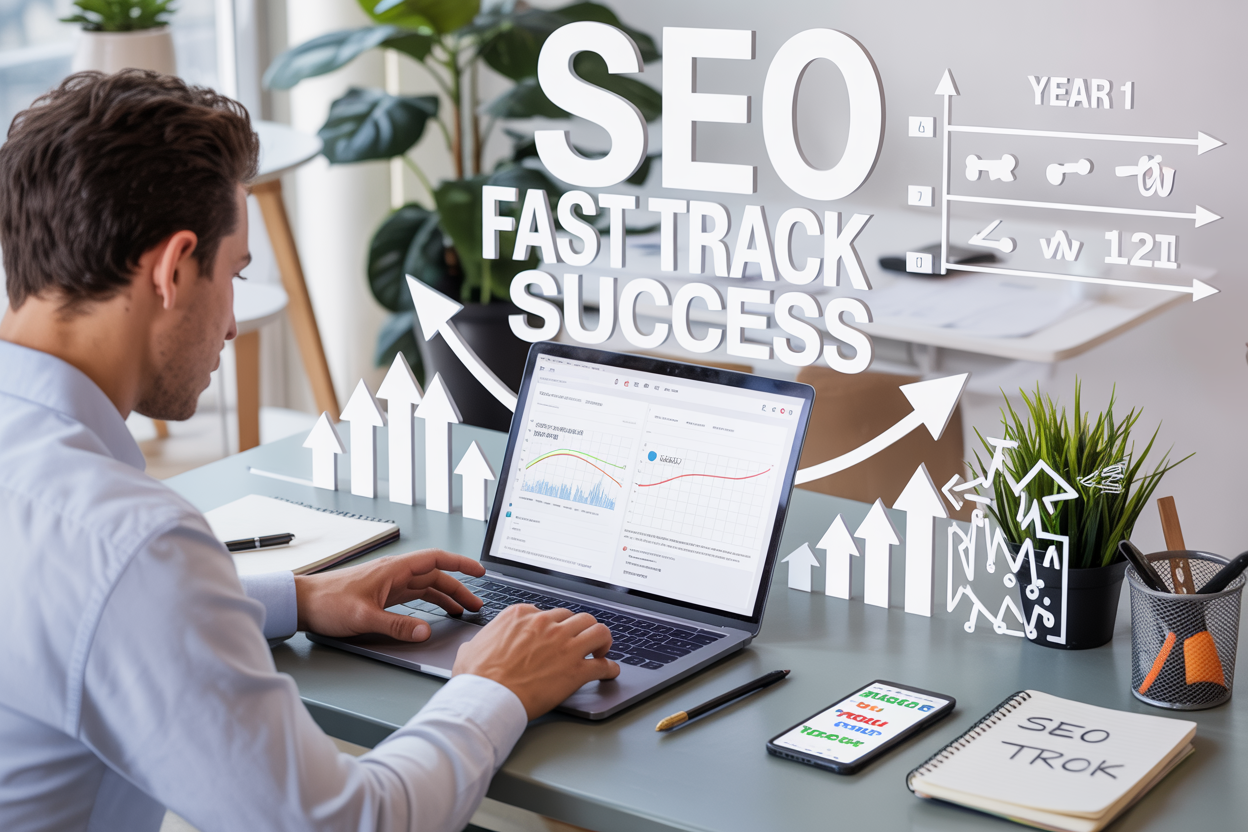 Create a realistic image of a modern workspace featuring a young white male professional sitting at a clean desk with an open laptop displaying SEO analytics graphs and keyword data, surrounded by growth-focused elements including upward trending arrow graphics, a timeline showing "Year 1" milestone markers, scattered notebooks with SEO notes, a smartphone showing website traffic metrics, and a potted plant symbolizing growth, all set against a bright, motivational office environment with natural lighting, and include the text "SEO Fast Track Success" prominently displayed in modern typography.